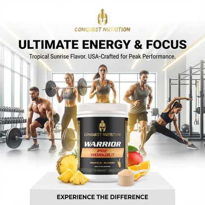 Advertisement for Conquest Nutrition Warrior pre-workout supplement with people exercising in a gym.