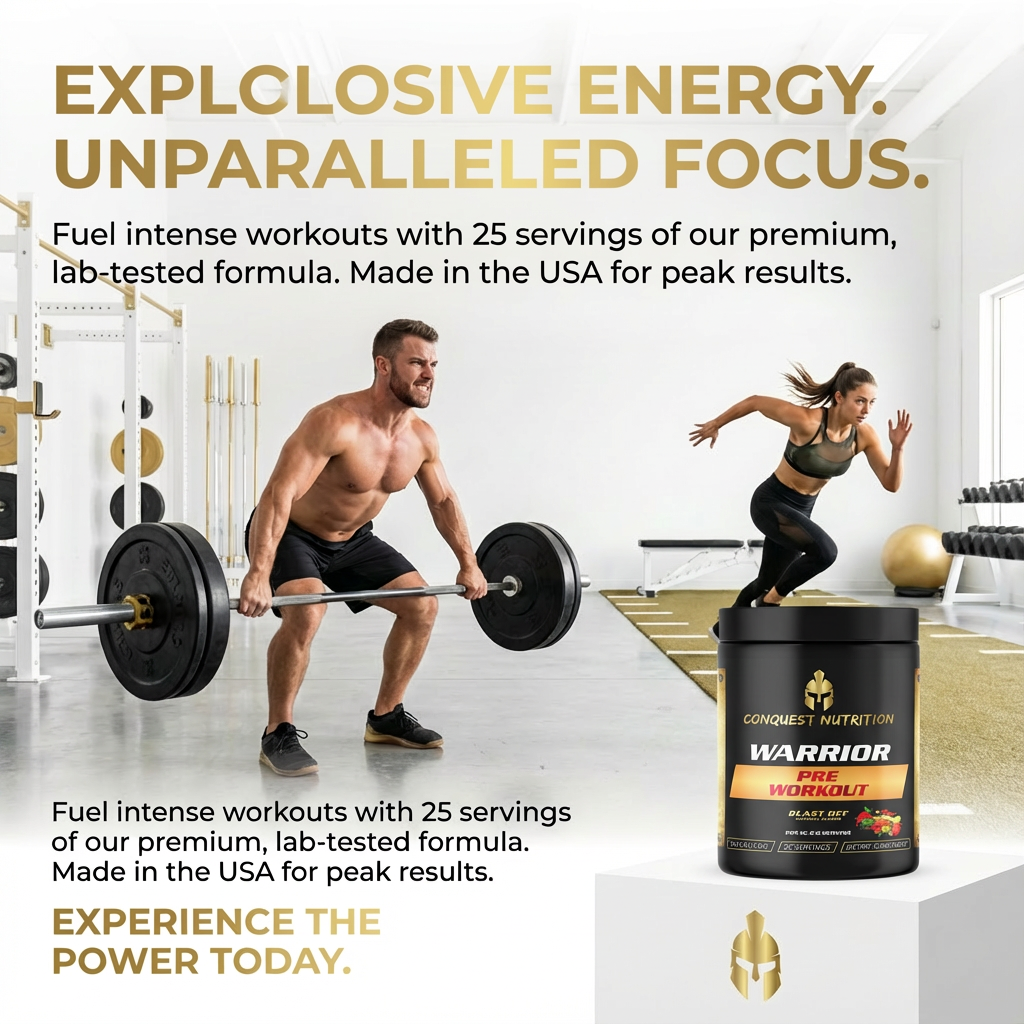 Advertisement for Conquest Nutrition Warrior Pre-Workout supplement with a man and woman working out in a gym.