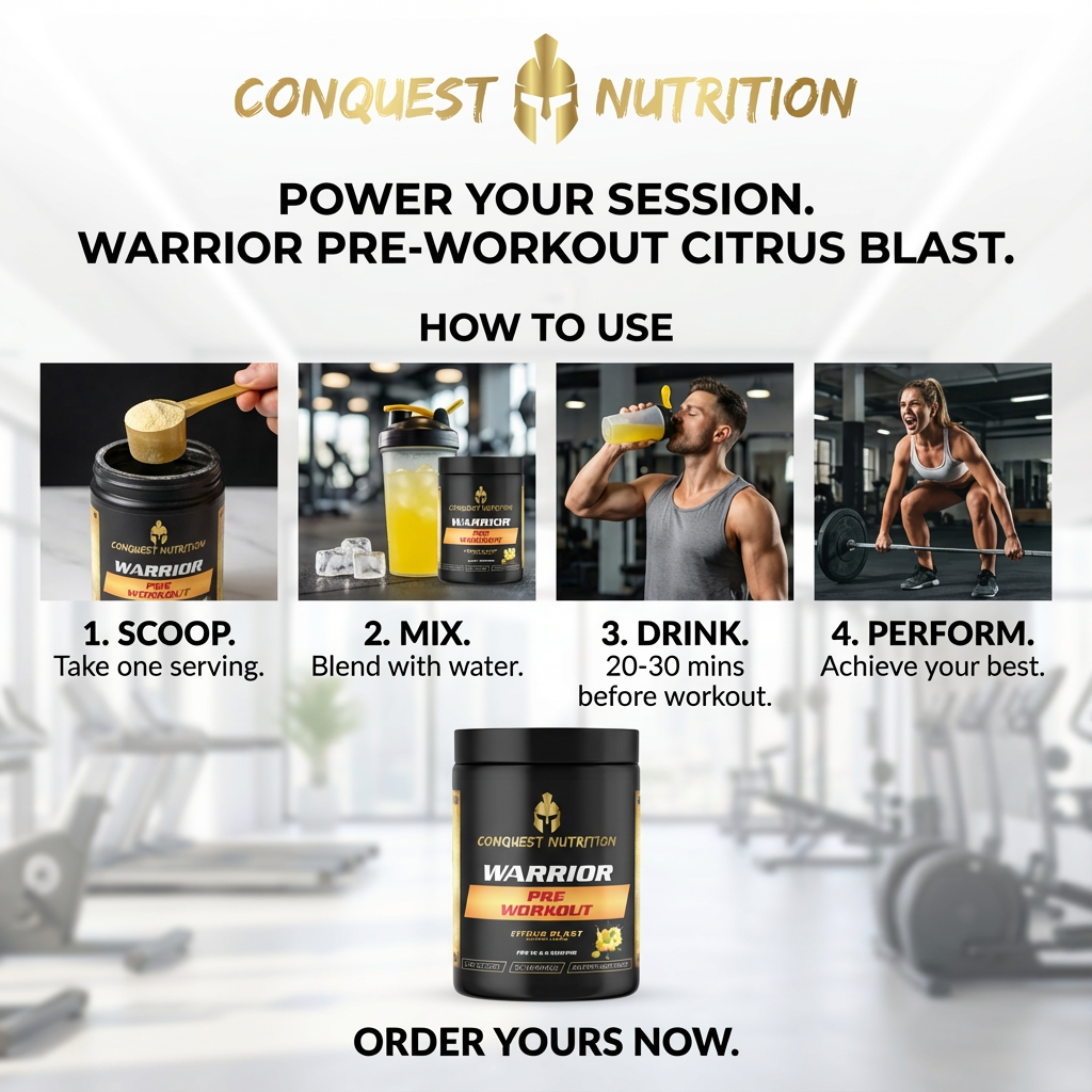 Conquest Nutrition Warrior Pre-Workout Citrus Blast product information with usage instructions and a blurred gym background.