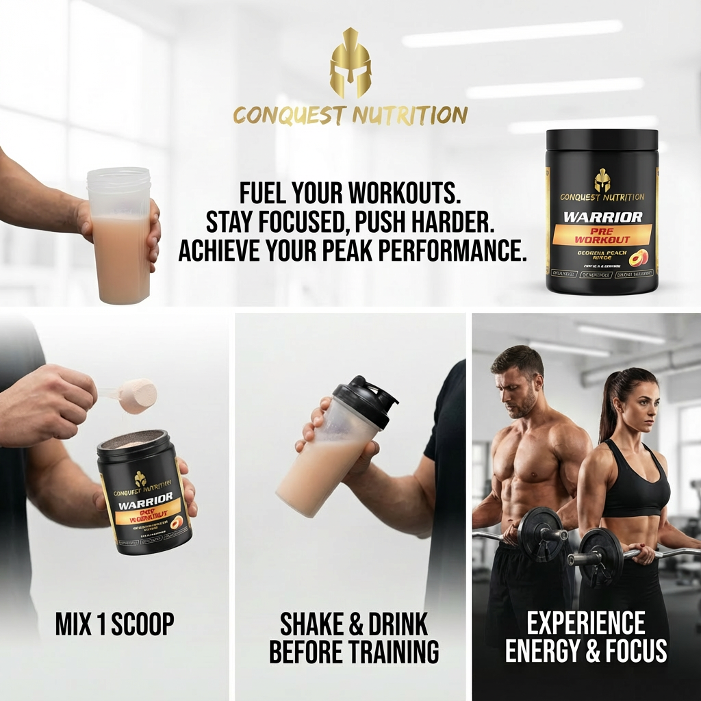 Advertisement for Conquest Nutrition Warrior protein powder with text and images of people using the product.