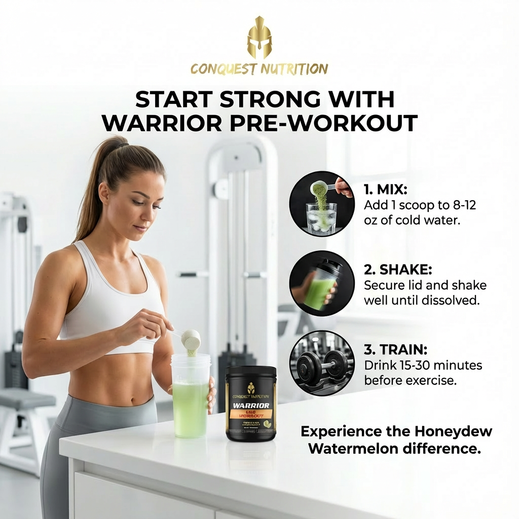 Woman preparing a pre-workout supplement with Conquest Nutrition branding.