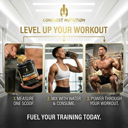Advertisement for Conquest Nutrition Warrior supplement with gym scenes and text.