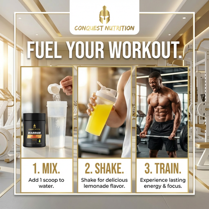 Advertisement for Conquest Nutrition showing a person mixing, shaking, and training with the product.