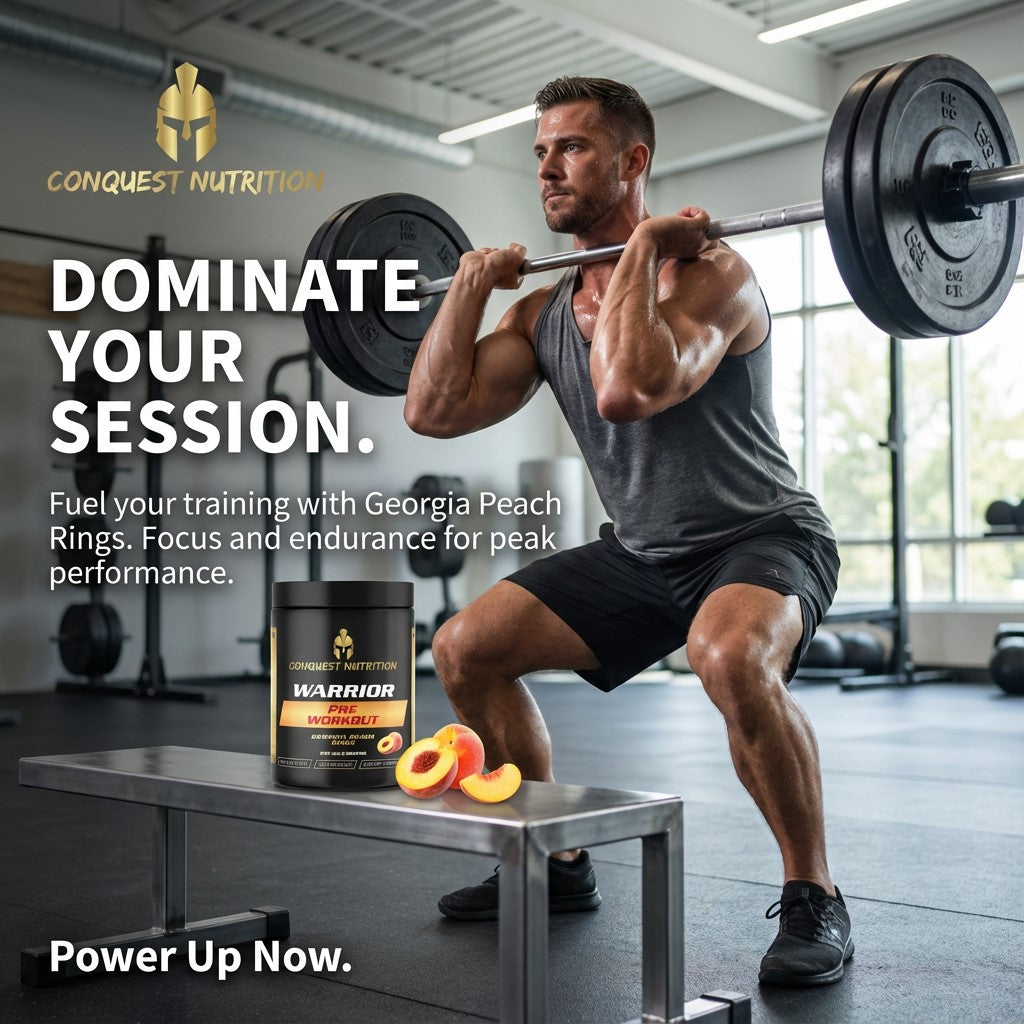 Man lifting weights in a gym with Conquest Nutrition supplement and Georgia Peach Rings.