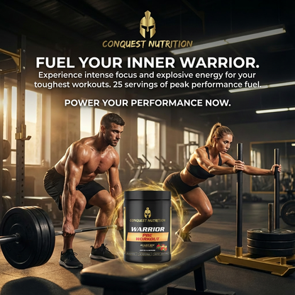 Advertisement for Conquest Nutrition Warrior Pre-Workout supplement with two people working out in a gym.