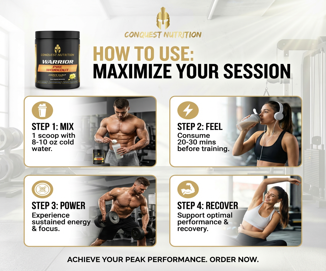 Advertisement for Conquest Nutrition Warrior supplement with instructions on how to use it.