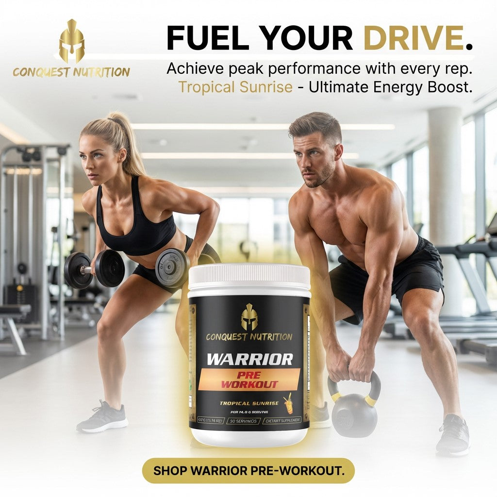 Two people exercising in a gym with Conquest Nutrition Warrior pre-workout powder in the foreground.