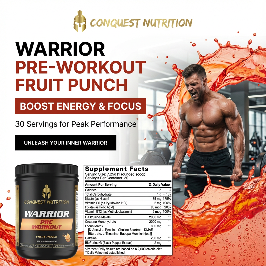Conquest Nutrition Warrior Pre-Workout Fruit Punch supplement with a muscular man and fruit punch graphics.