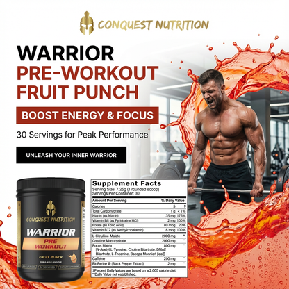 Conquest Nutrition Warrior Pre-Workout Fruit Punch supplement with a muscular man and fruit punch graphics.