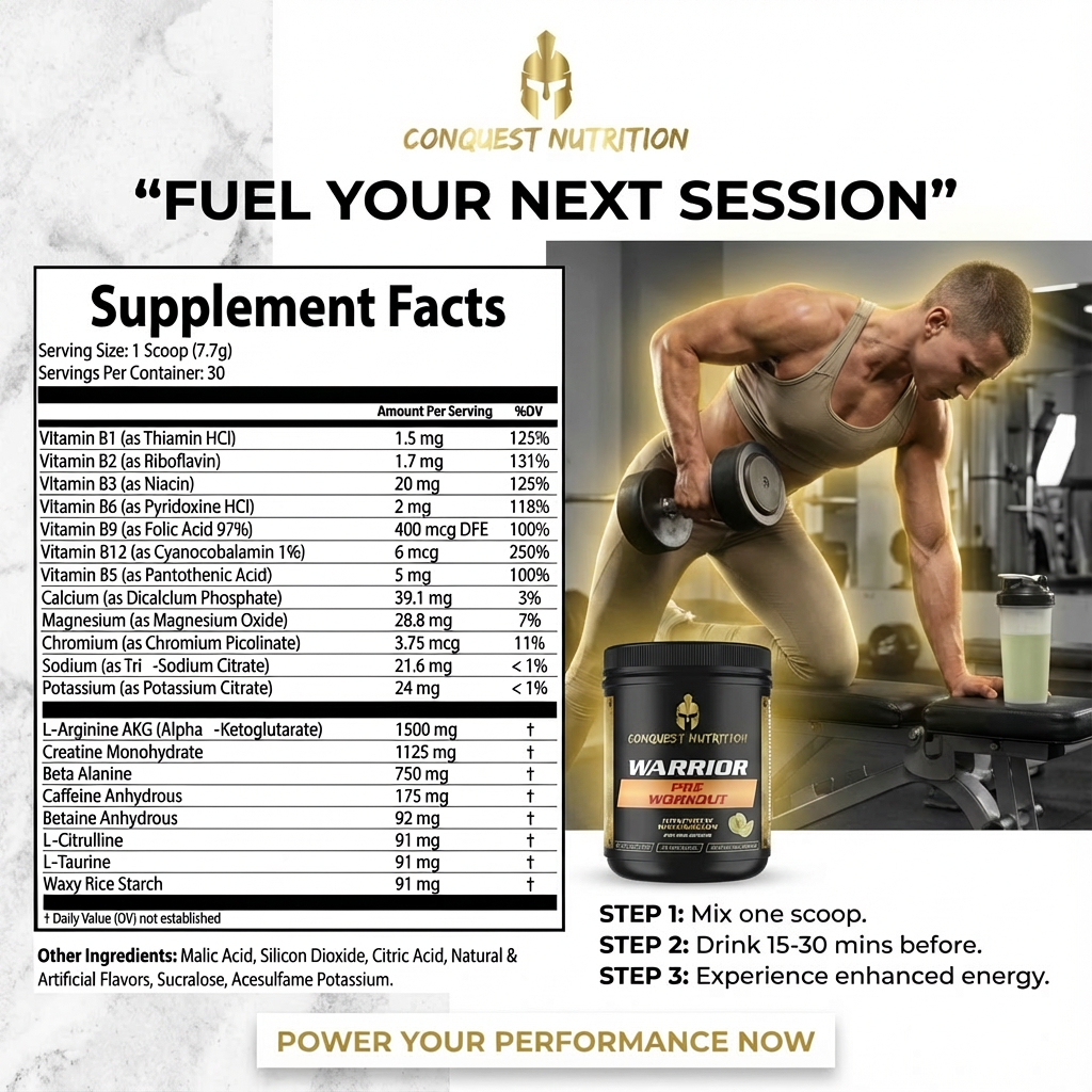 Supplement container with supplement facts label and a person lifting weights in the background, branded 'Conquest Nutrition'.