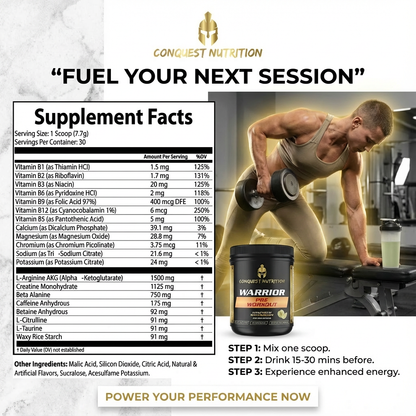 Supplement container with supplement facts label and a person lifting weights in the background, branded 'Conquest Nutrition'.