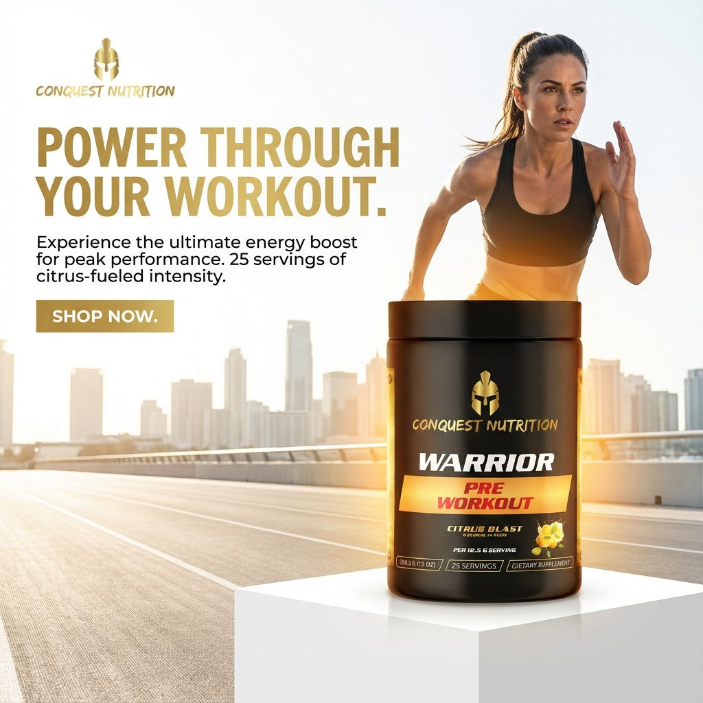 Conquest Nutrition Warrior pre-workout supplement with a woman running on a track in the background.