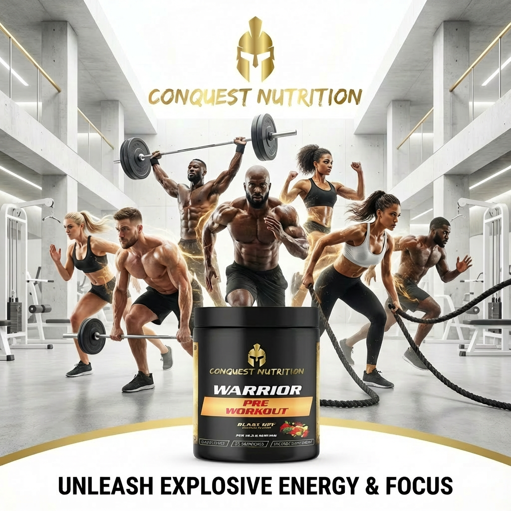 Advertisement for Conquest Nutrition Warrior Pre-Workout with people exercising in a gym setting.