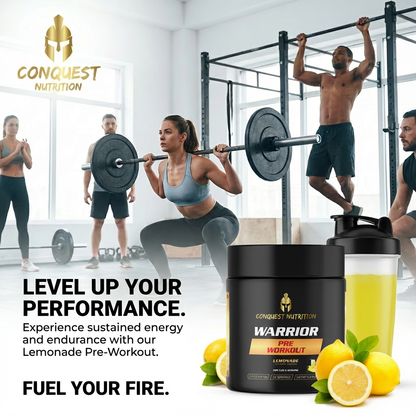 Advertisement for Conquest Nutrition Warrior Lemonade Pre-Workout with people exercising in a gym.