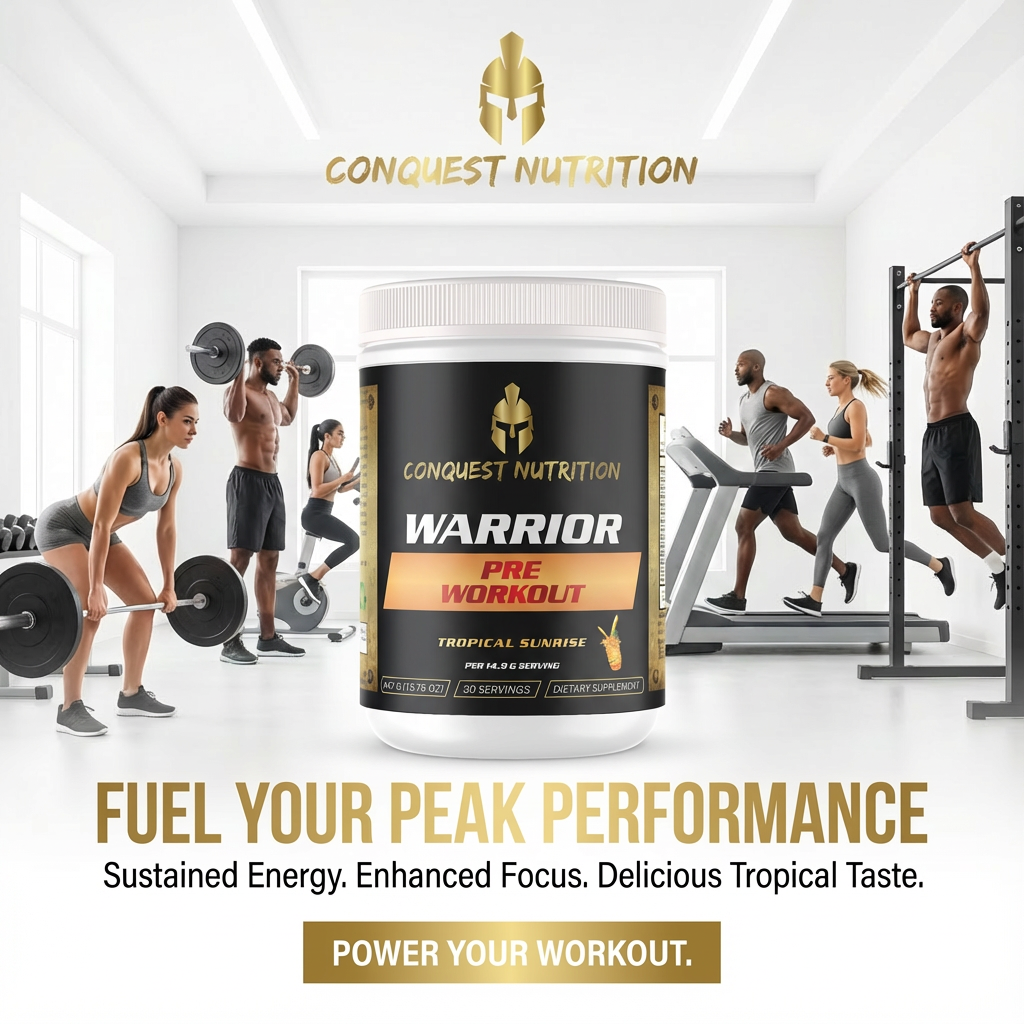 Conquest Nutrition Warrior Pre Workout supplement with people exercising in the background