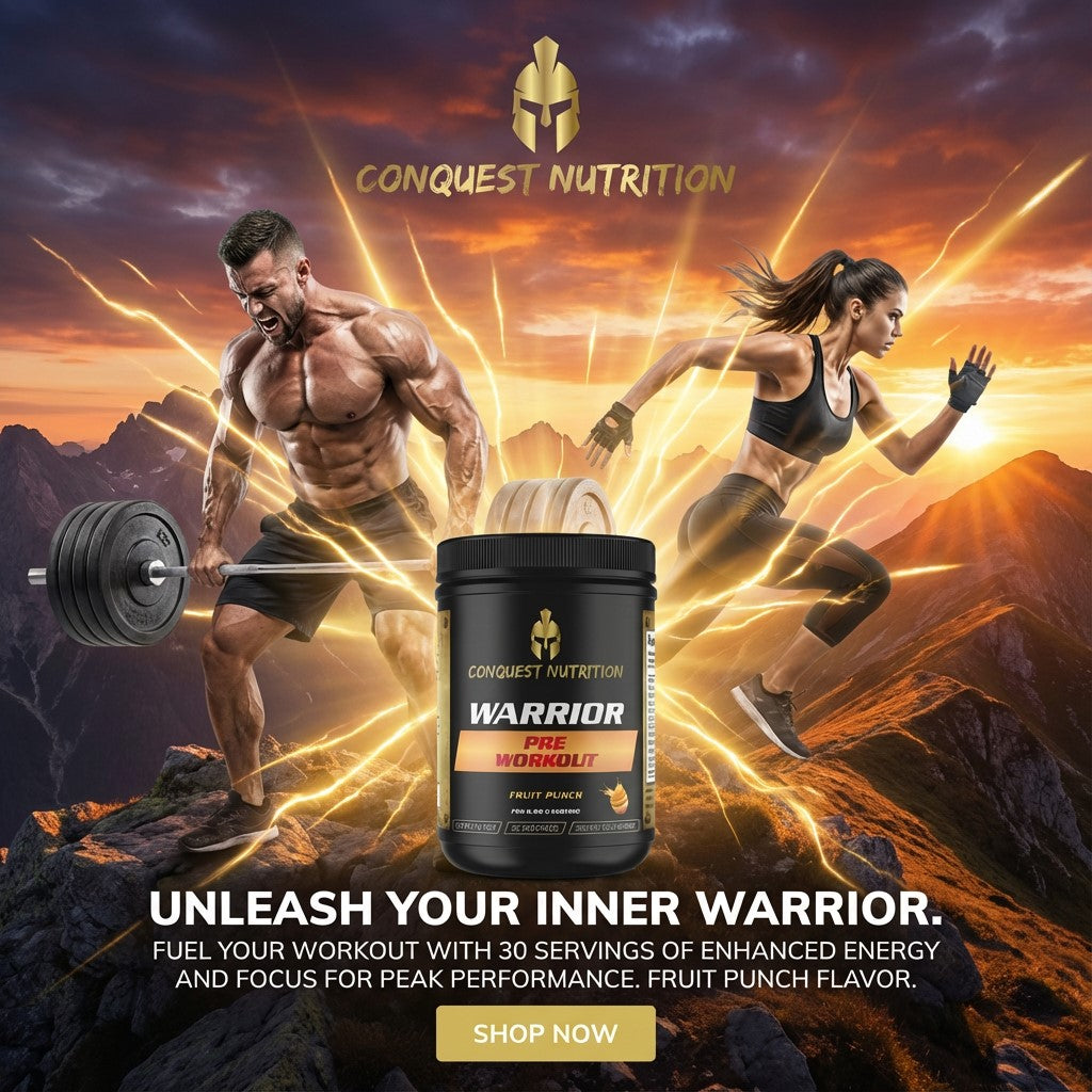 Advertisement for Conquest Nutrition Warrior Pre Workout supplement with a muscular man and woman on a mountainous background.