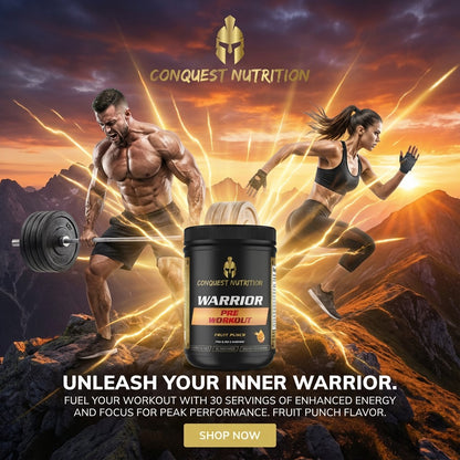 Advertisement for Conquest Nutrition Warrior Pre Workout supplement with a muscular man and woman on a mountainous background.