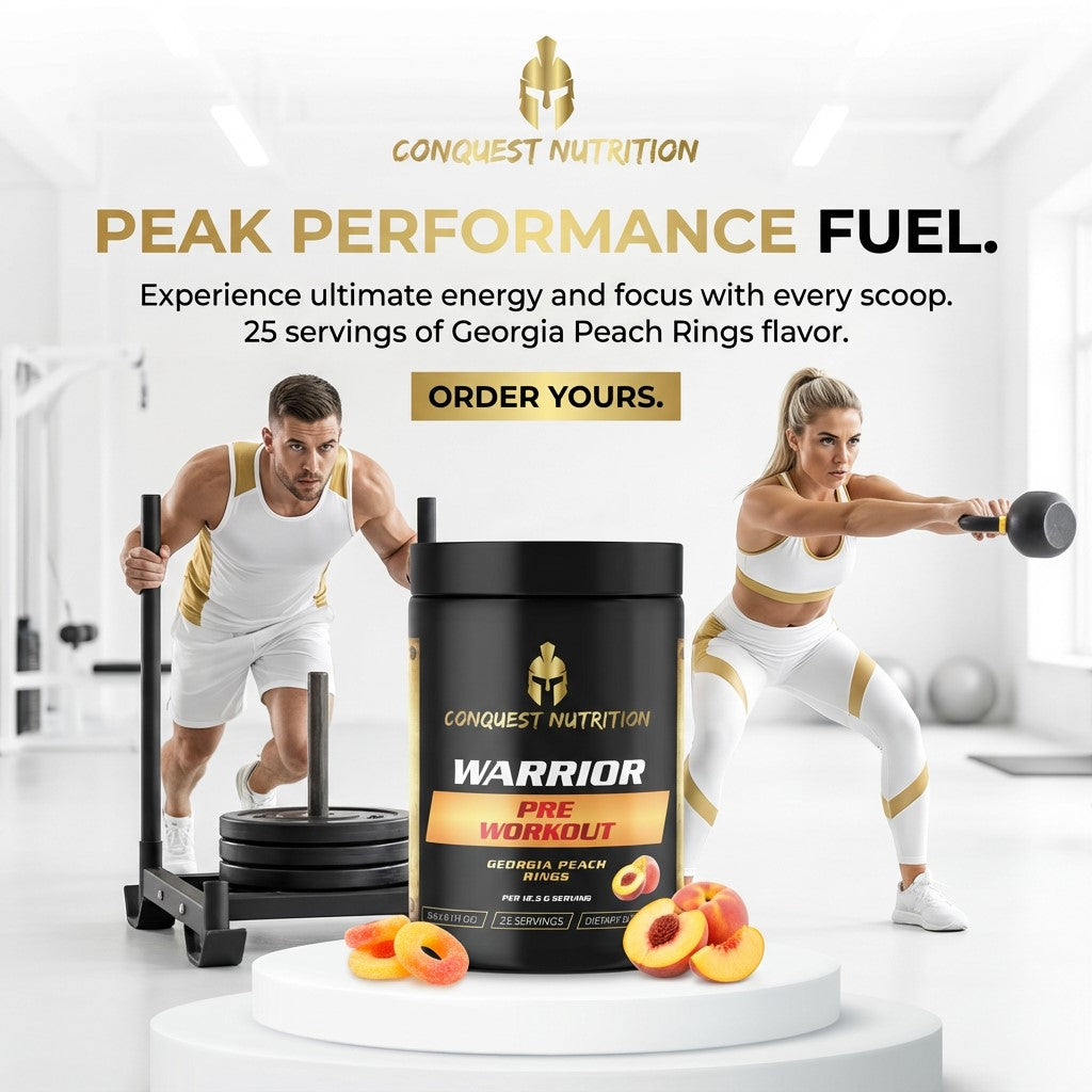 Conquest Nutrition Warrior pre-workout supplement with two people exercising in a gym setting.