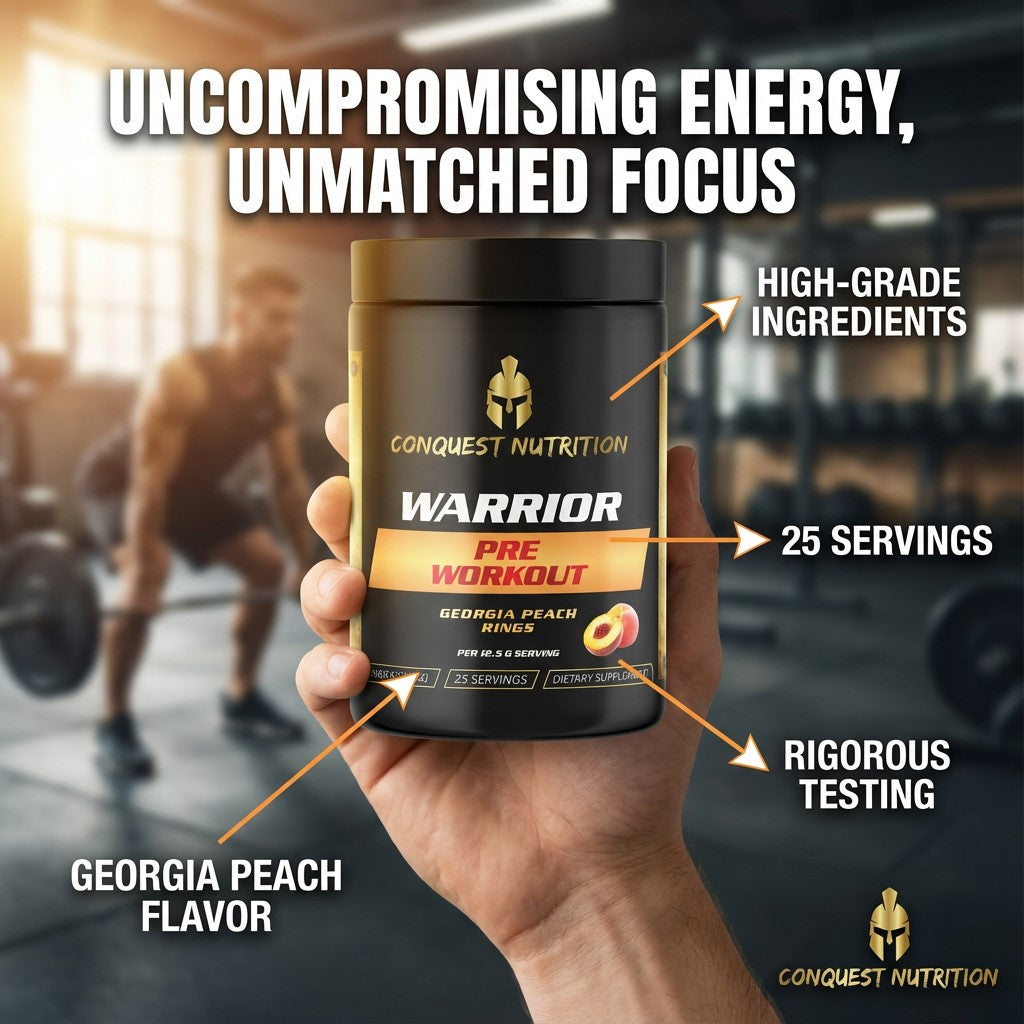 Conquest Nutrition Warrior pre-workout supplement in a hand with gym background