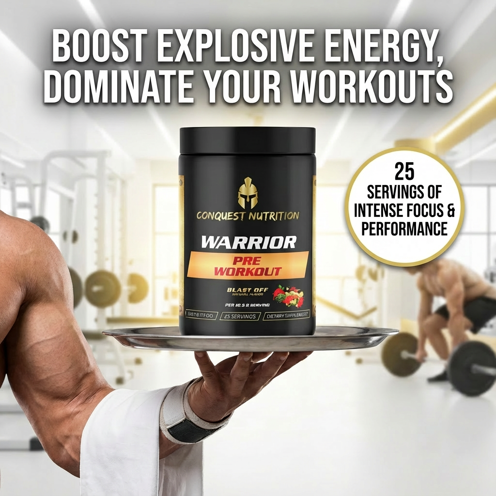 Pre-workout supplement container with gym background and text about energy boost and workouts.