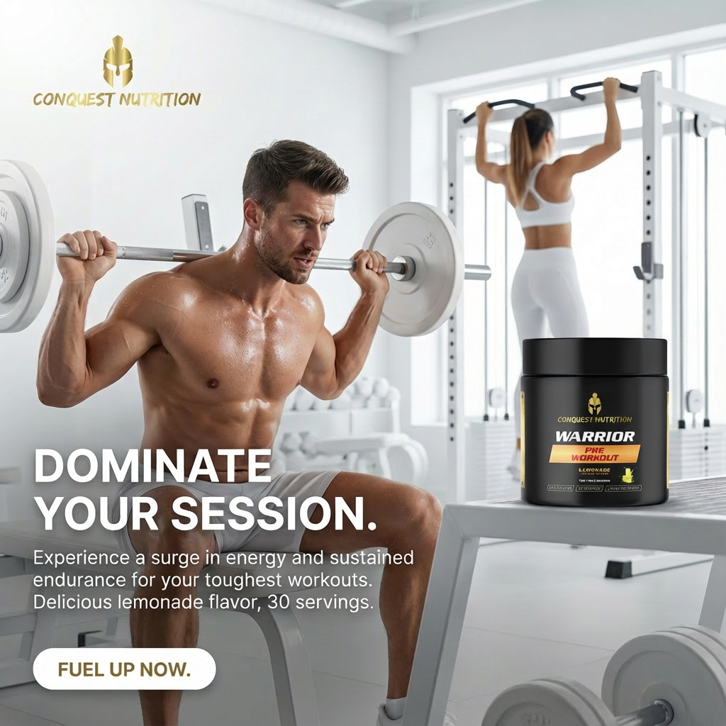 Man lifting weights with a supplement container labeled 'Warrior' in a gym setting, featuring Conquest Nutrition branding.