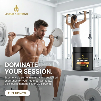 Man lifting weights with a supplement container labeled 'Warrior' in a gym setting, featuring Conquest Nutrition branding.