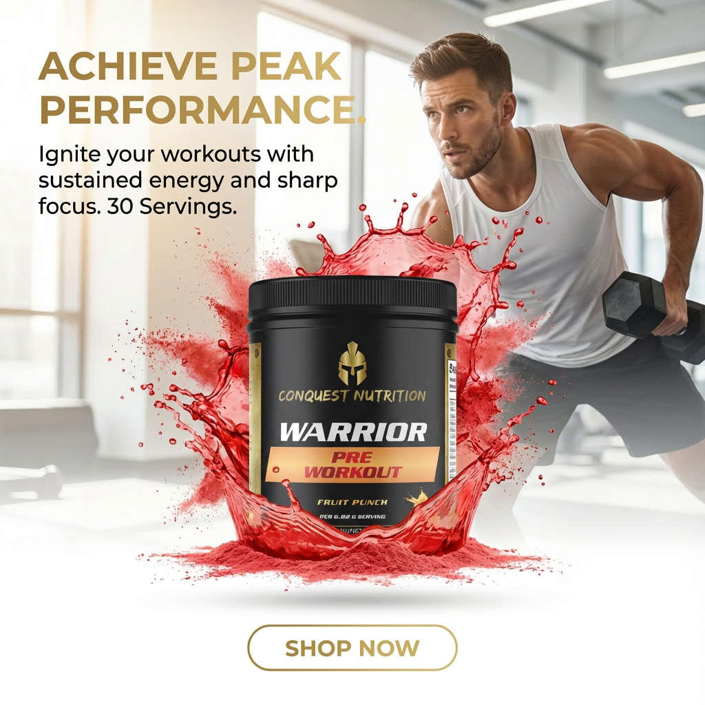 Man lifting weights with a container of Conquest Nutrition Warrior pre-workout supplement in the foreground.