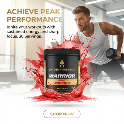 Man lifting weights with a container of Conquest Nutrition Warrior pre-workout supplement in the foreground.