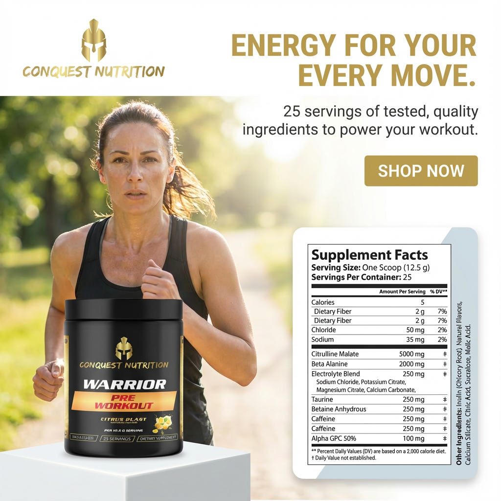 Woman running outdoors with Conquest Nutrition pre-workout supplement and supplement facts label.