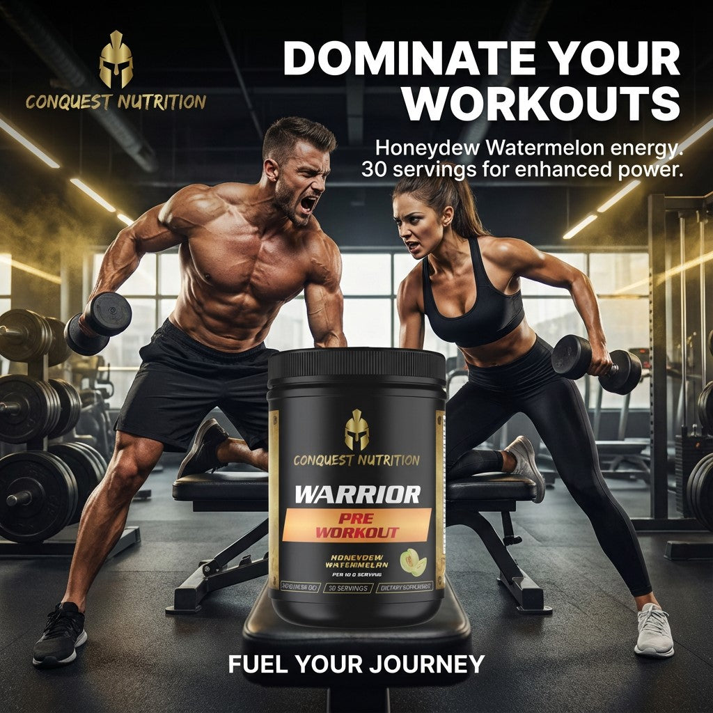 Two muscular individuals lifting weights in a gym with Conquest Nutrition Warrior pre-workout powder displayed.