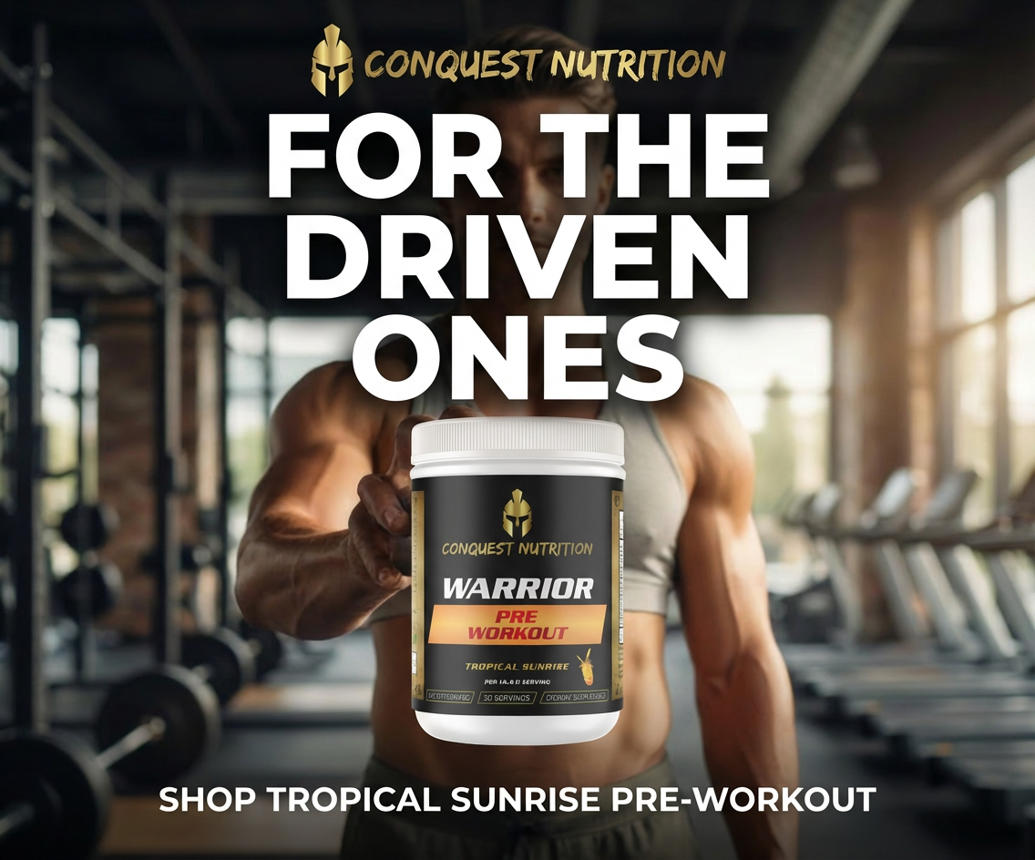 Person holding a supplement container with 'Conquest Nutrition' branding in a gym setting.