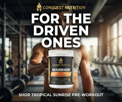 Person holding a supplement container with 'Conquest Nutrition' branding in a gym setting.