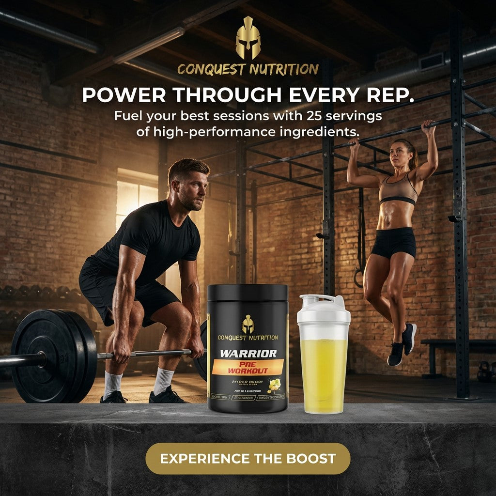 Advertisement for Conquest Nutrition Warrior Pre-Workout supplement with gym setting and people exercising.