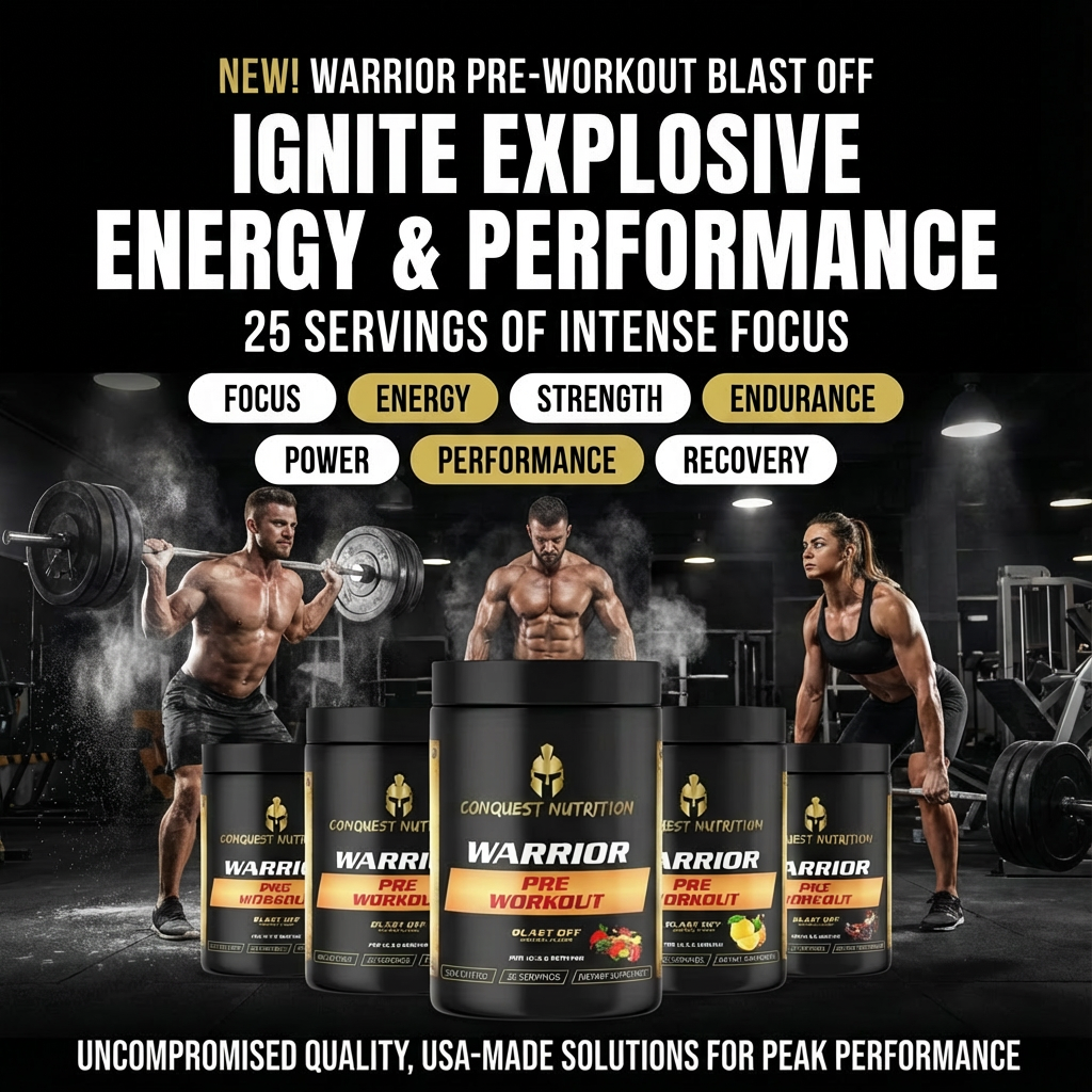 Advertisement for Warrior pre-workout supplement with gym setting and people lifting weights.