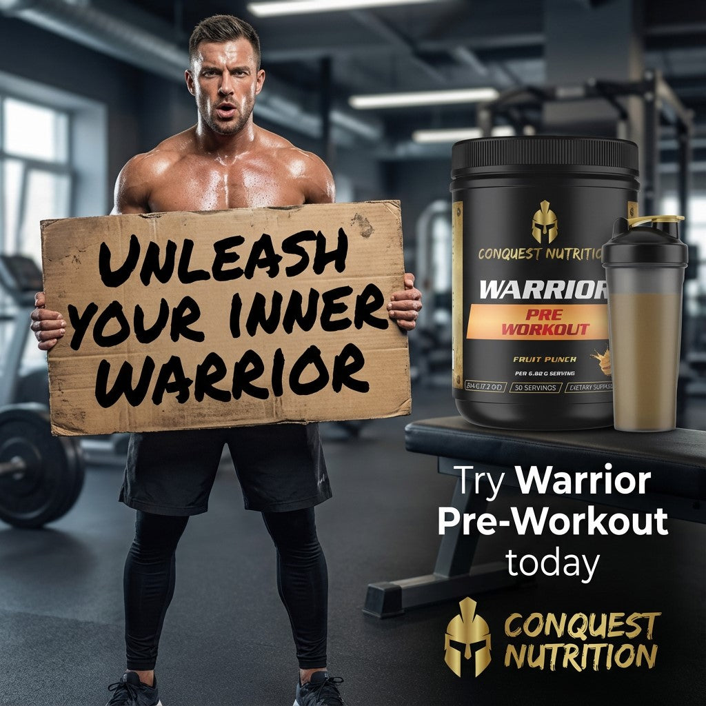 Man holding a sign 'Unleash Your Inner Warrior' in a gym with Conquest Nutrition Warrior Pre-Workout products.