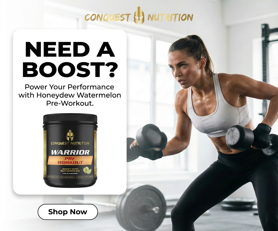 Advertisement for Conquest Nutrition Warrior pre-workout supplement with a woman exercising in a gym.