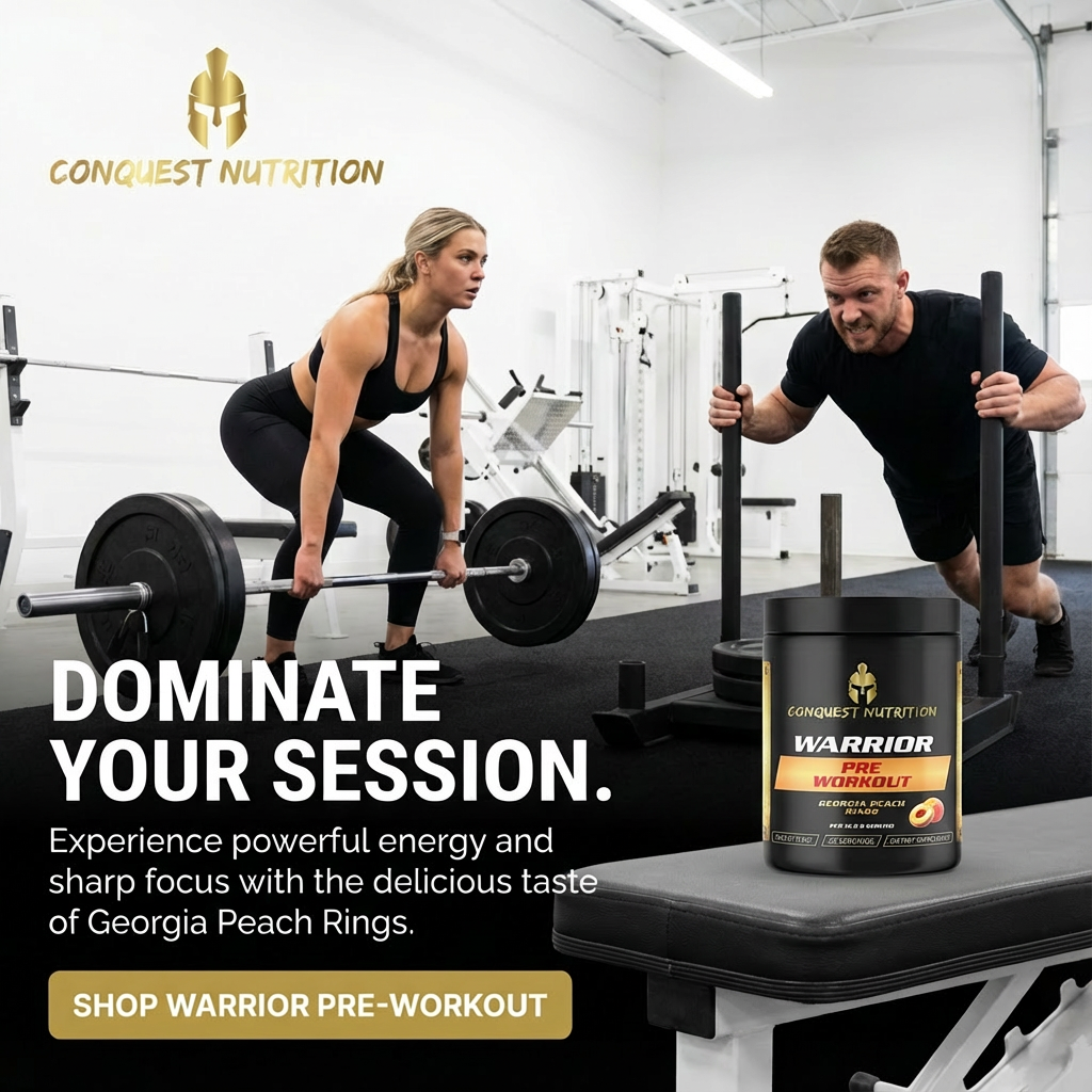Two people lifting weights in a gym with Conquest Nutrition Warrior pre-workout container.
