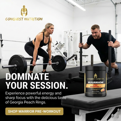 Two people lifting weights in a gym with Conquest Nutrition Warrior pre-workout container.