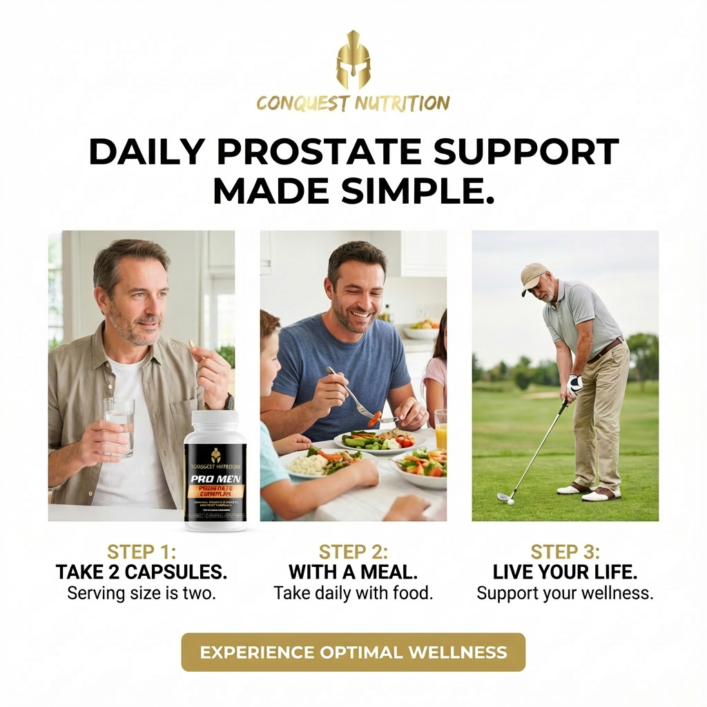 Advertisement for Conquest Nutrition daily prostate support supplement with lifestyle images and text.