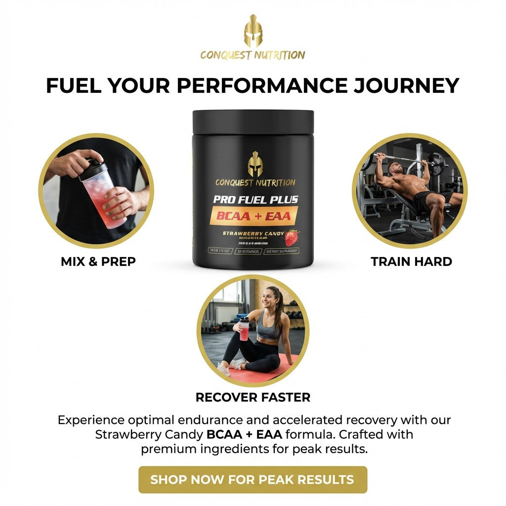 Advertisement for Conquest Nutrition Pro Fuel Plus supplement with lifestyle images and text.
