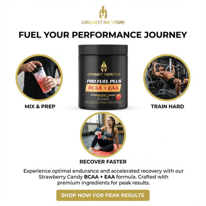 Advertisement for Conquest Nutrition Pro Fuel Plus supplement with lifestyle images and text.