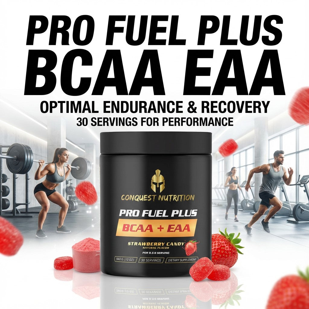 Protein supplement container with 'Conquest Nutrition' branding in a gym setting.