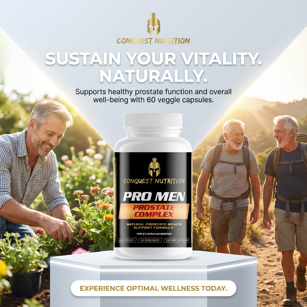 Advertisement for Conquest Nutrition Pro Men Prostate Complex with two men walking outdoors.