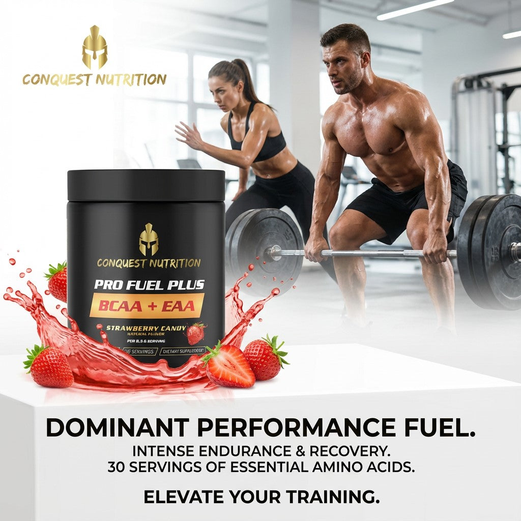 Conquest Nutrition Pro Fuel Plus supplement container with a muscular man and woman in a gym setting.