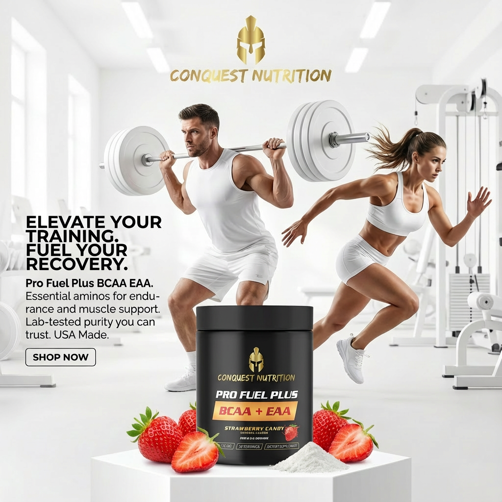 Advertisement for Conquest Nutrition Pro Fuel Plus BCAA + EAA with a man and woman exercising in a gym setting.