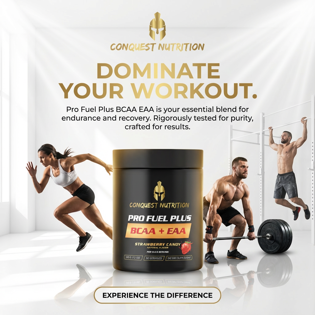 Conquest Nutrition Pro Fuel Plus BCAA EAA supplement container with athletes in a gym setting.