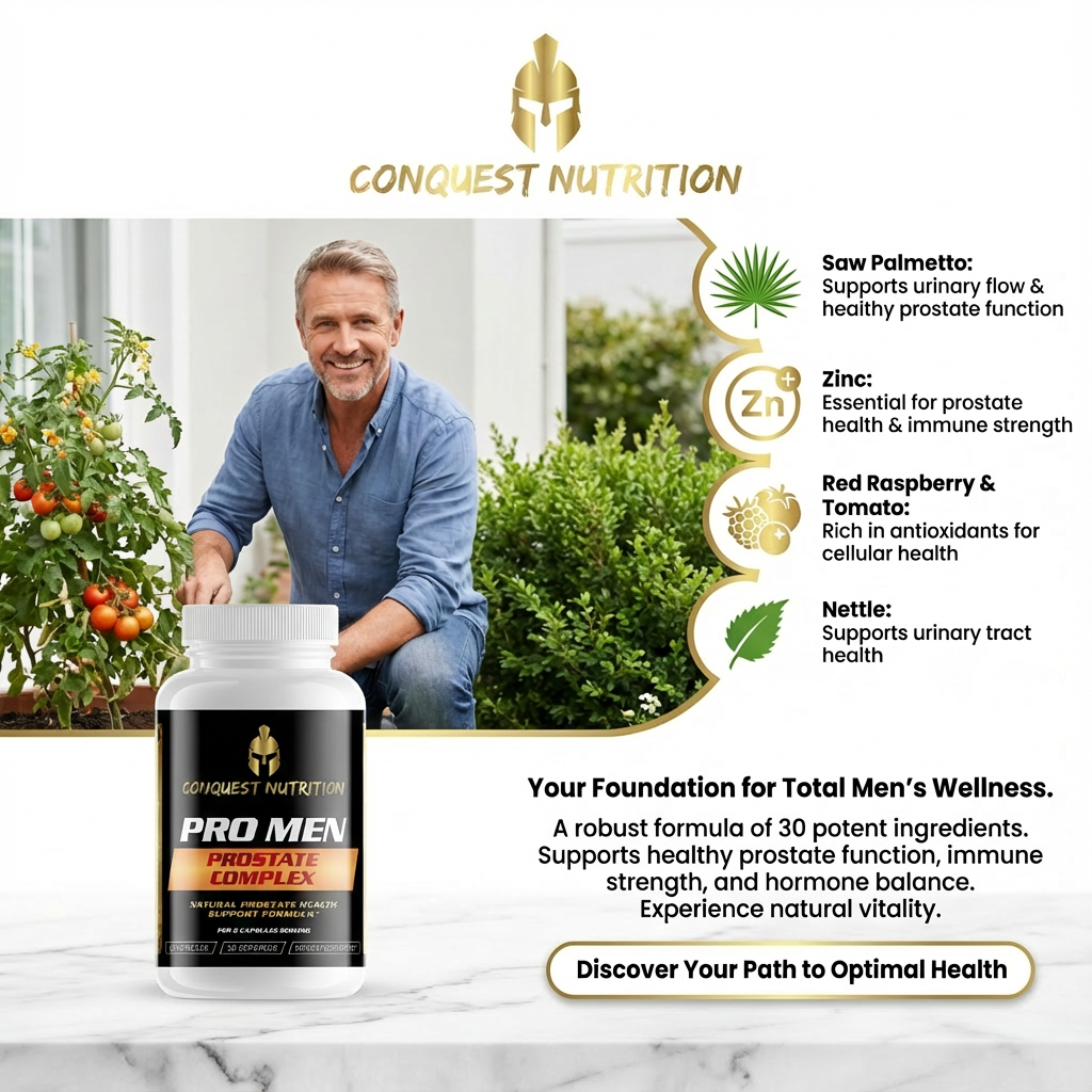Conquest Nutrition Pro Men supplement bottle with a man and plants in the background