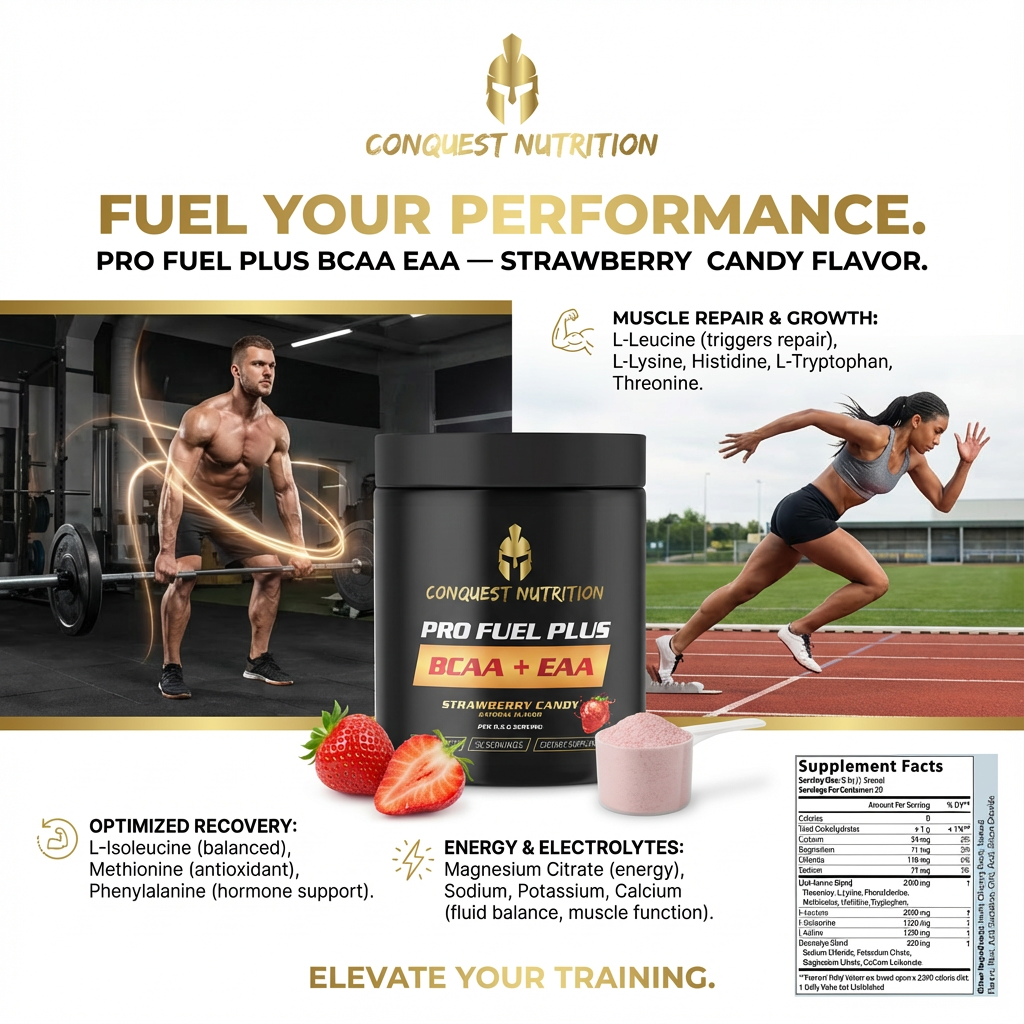 Advertisement for Conquest Nutrition Pro Fuel Plus BCAA EAA supplement with athletes and nutritional information.