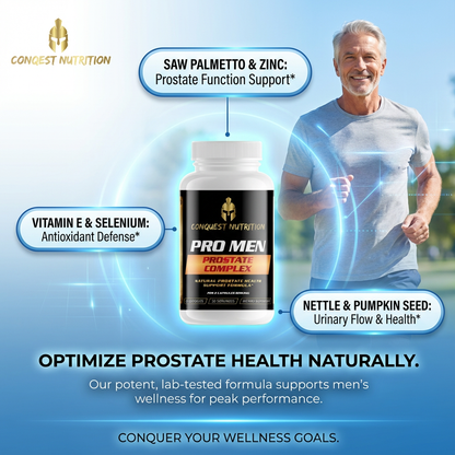 Advertisement for Conquest Nutrition Pro Men Prostate Complex with a man running outdoors.