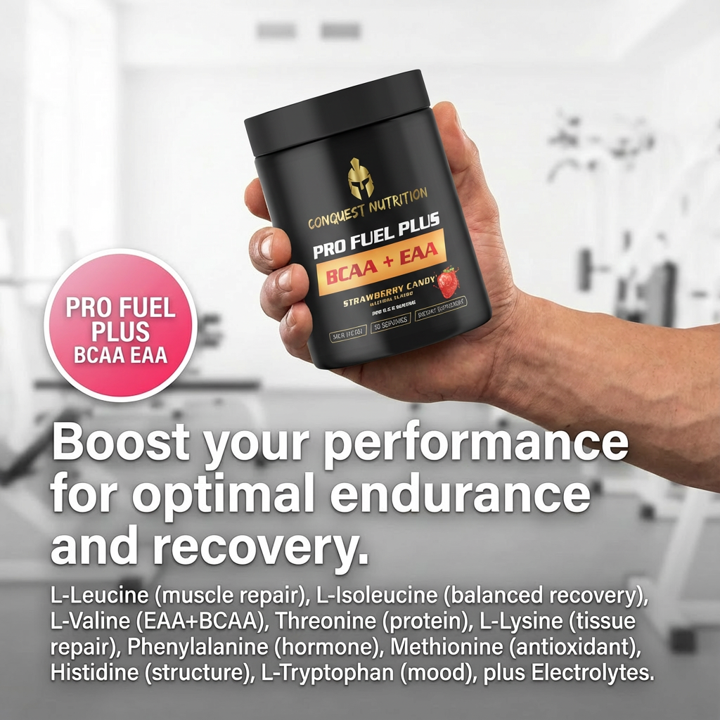 Hand holding a container of Conquest Nutrition Pro Fuel Plus supplement with text about performance and recovery benefits.